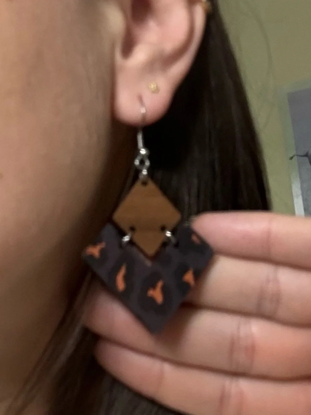 Geometric Wood & Leopard Drop Earrings - Black and Brown
